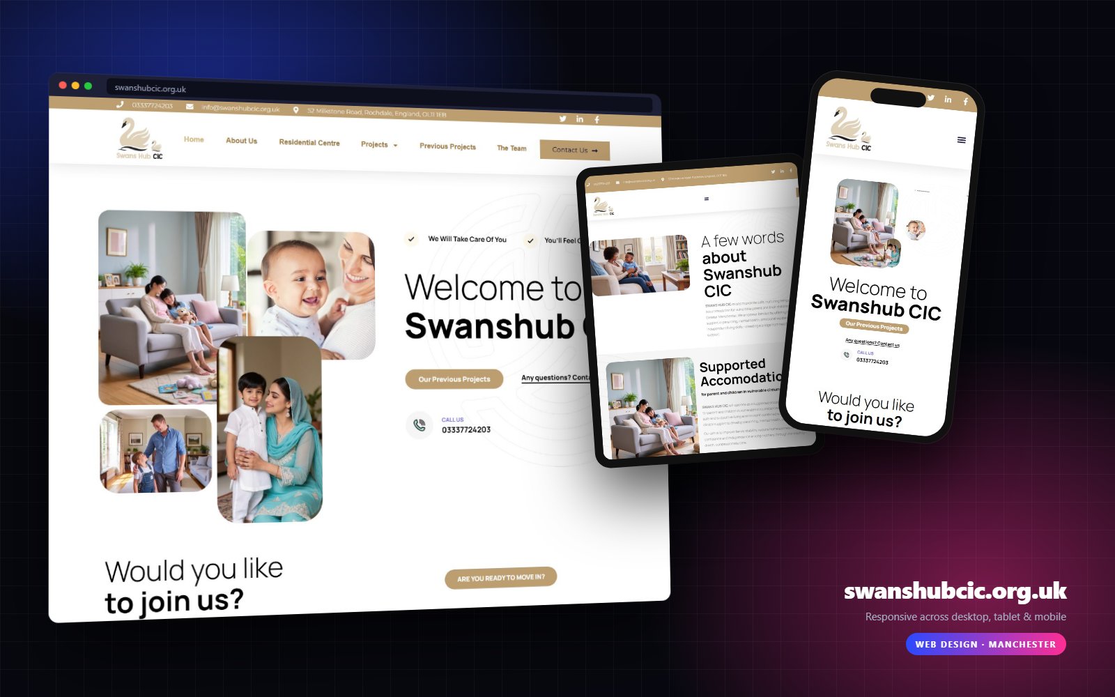 Swanshub CIC website on desktop, tablet and mobile