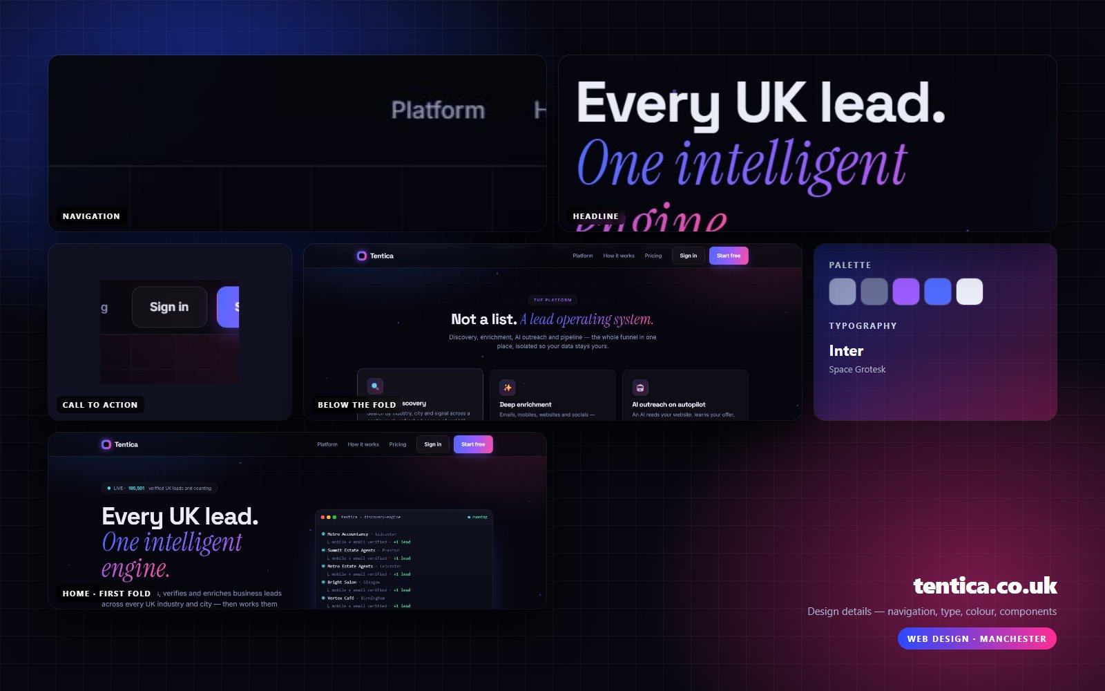 Design details from Tentica: navigation, headline, buttons, colour and type