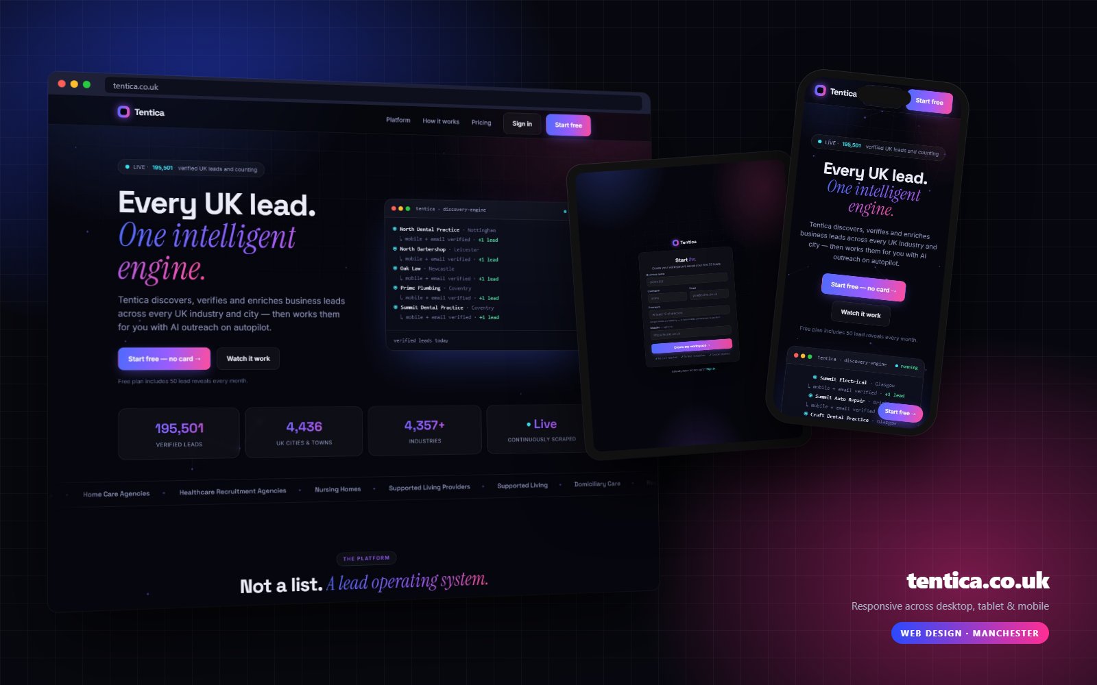 Tentica website on desktop, tablet and mobile