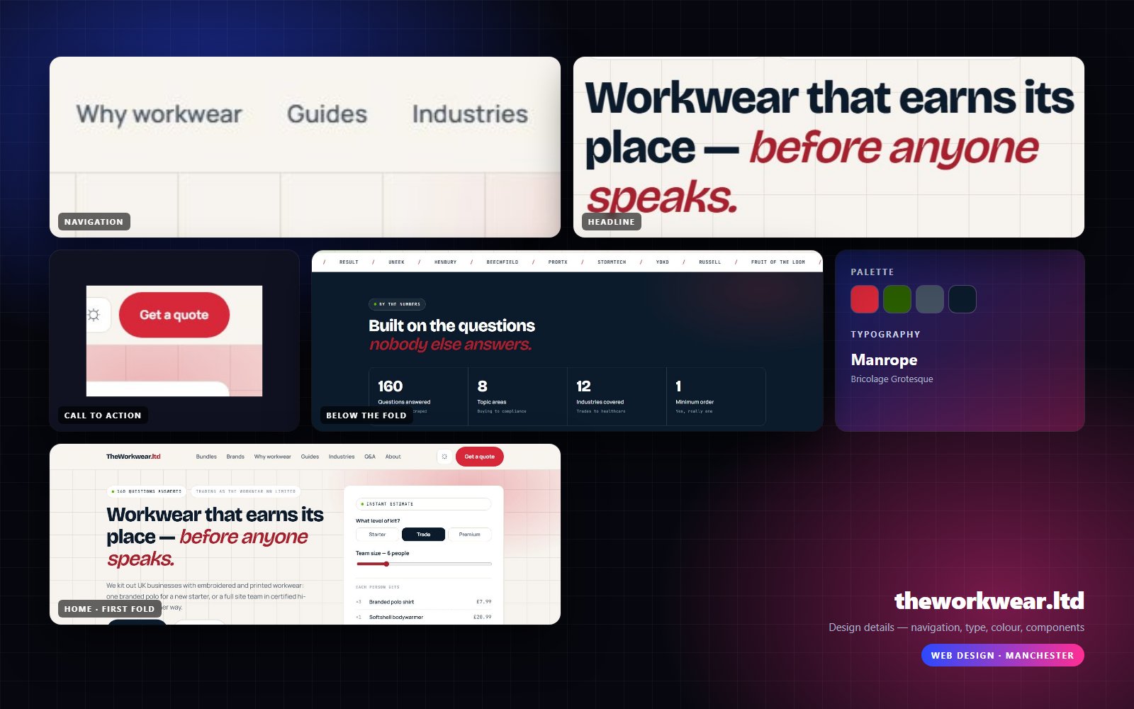 Design details from TheWorkwear Ltd: navigation, headline, buttons, colour and type