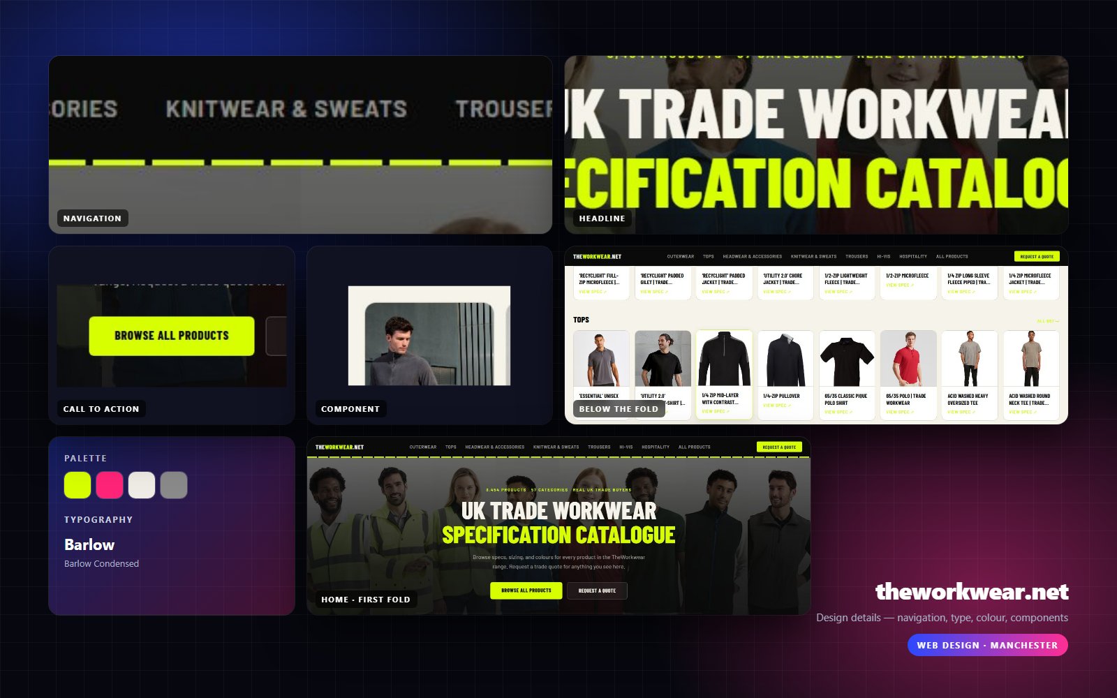 Design details from TheWorkwear.net: navigation, headline, buttons, colour and type