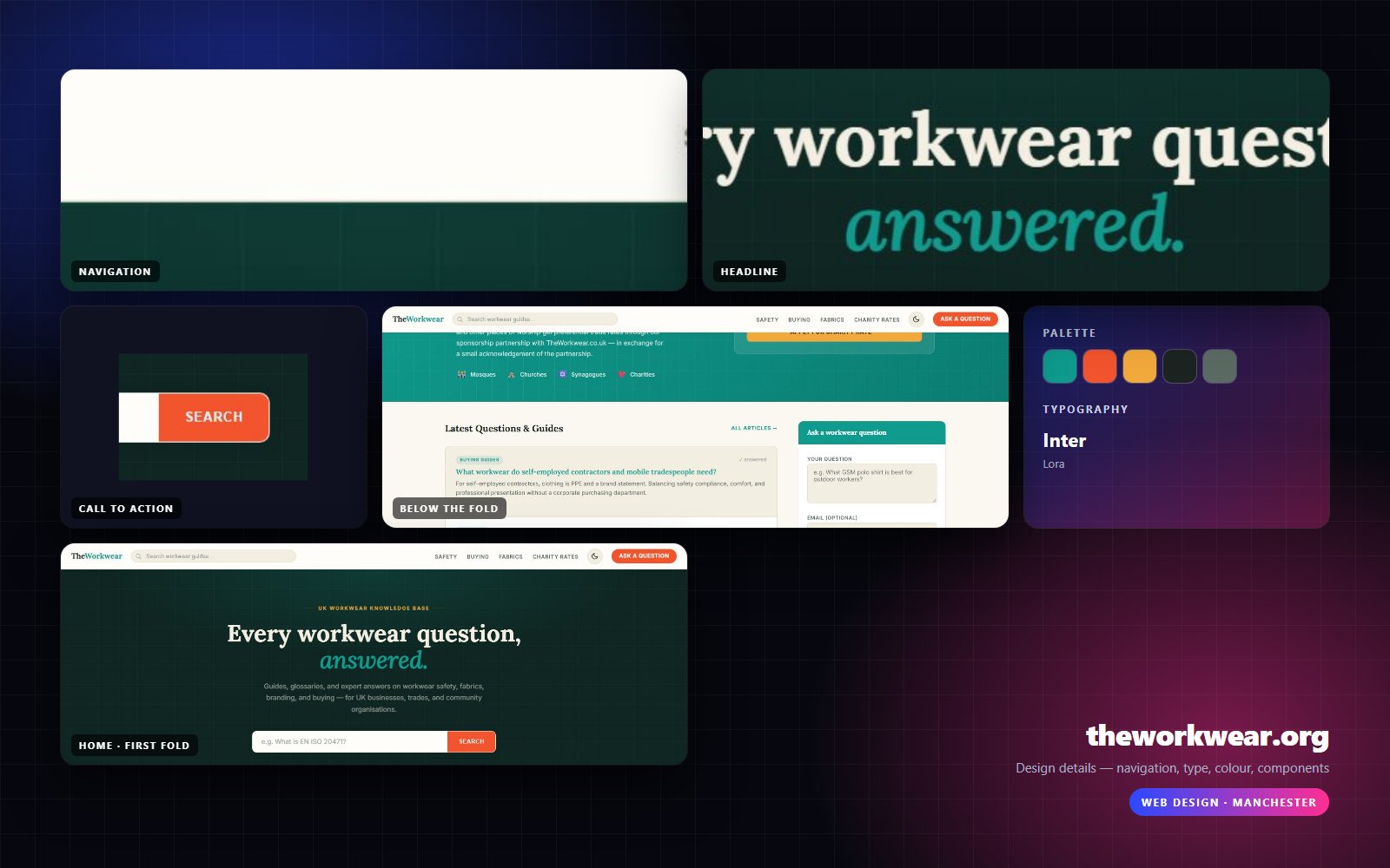 Design details from TheWorkwear.org: navigation, headline, buttons, colour and type