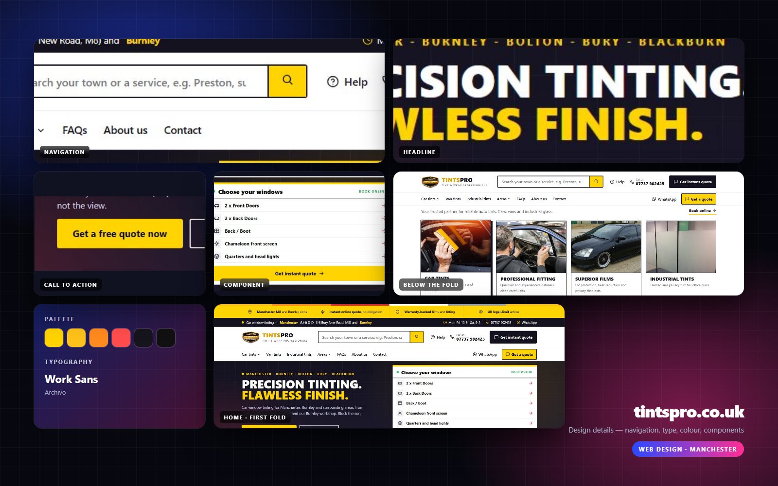 Design details from Tints Pro: navigation, headline, buttons, colour and type