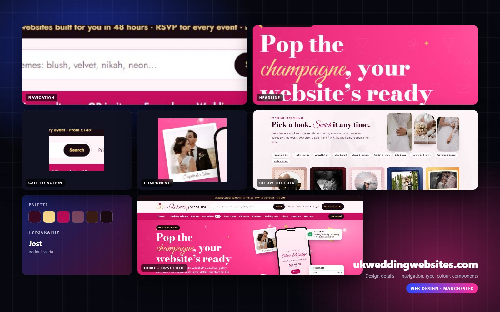 Design details from UK Wedding Websites: navigation, headline, buttons, colour and type