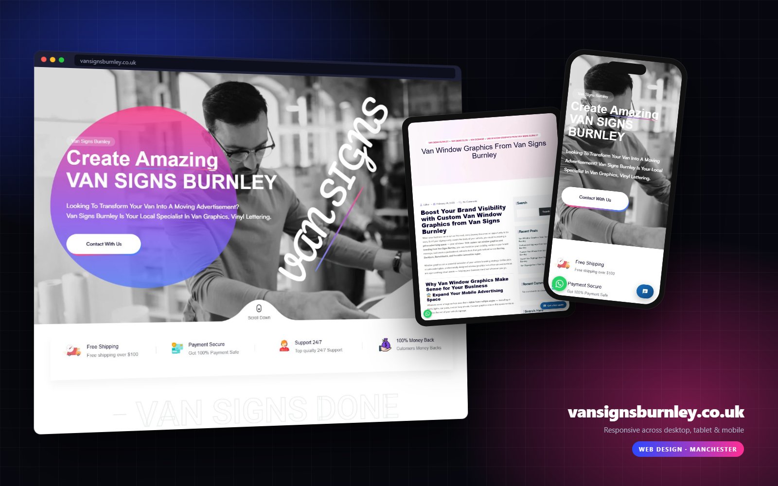 Van Signs Burnley website on desktop, tablet and mobile