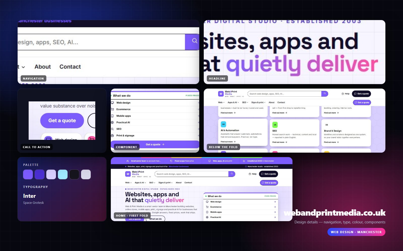Design details from Web & Print Media: navigation, headline, buttons, colour and type