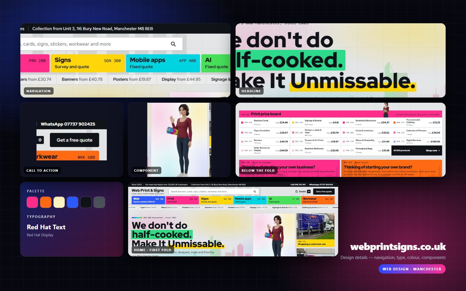 Design details from Web Print Signs: navigation, headline, buttons, colour and type
