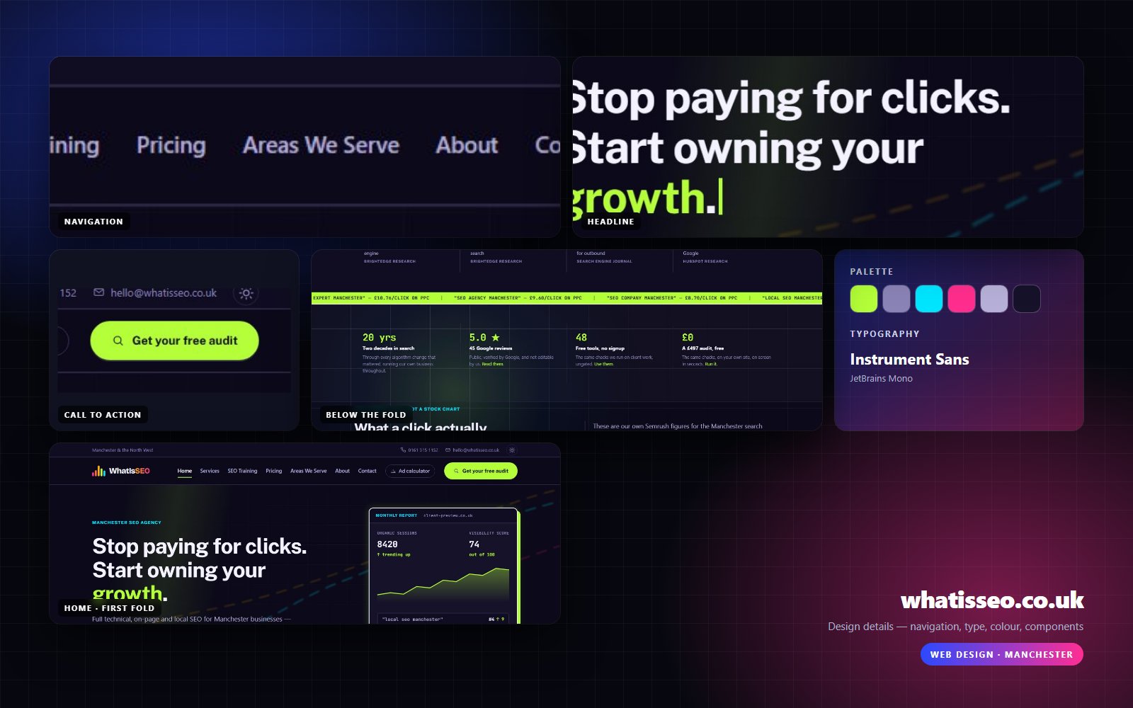 Design details from WhatIsSEO: navigation, headline, buttons, colour and type
