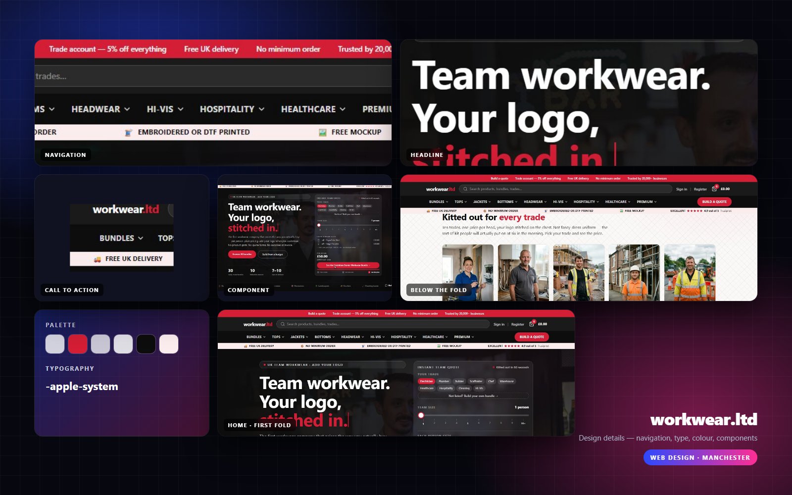 Design details from Workwear.ltd: navigation, headline, buttons, colour and type
