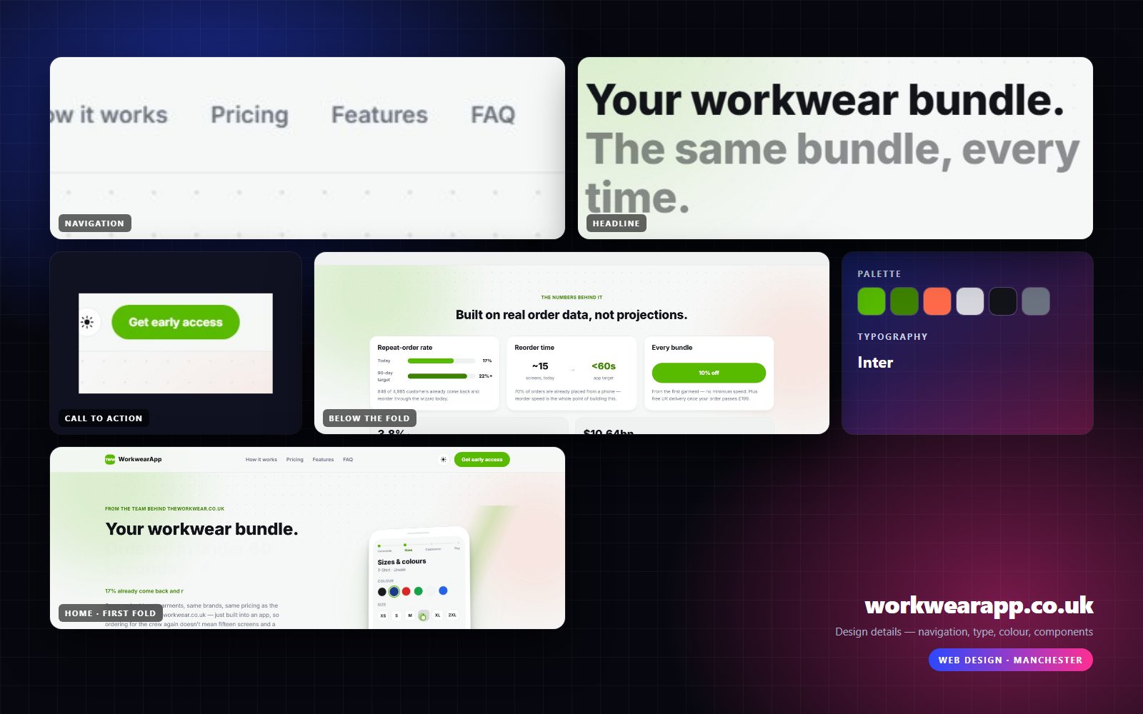 Design details from Workwear App: navigation, headline, buttons, colour and type