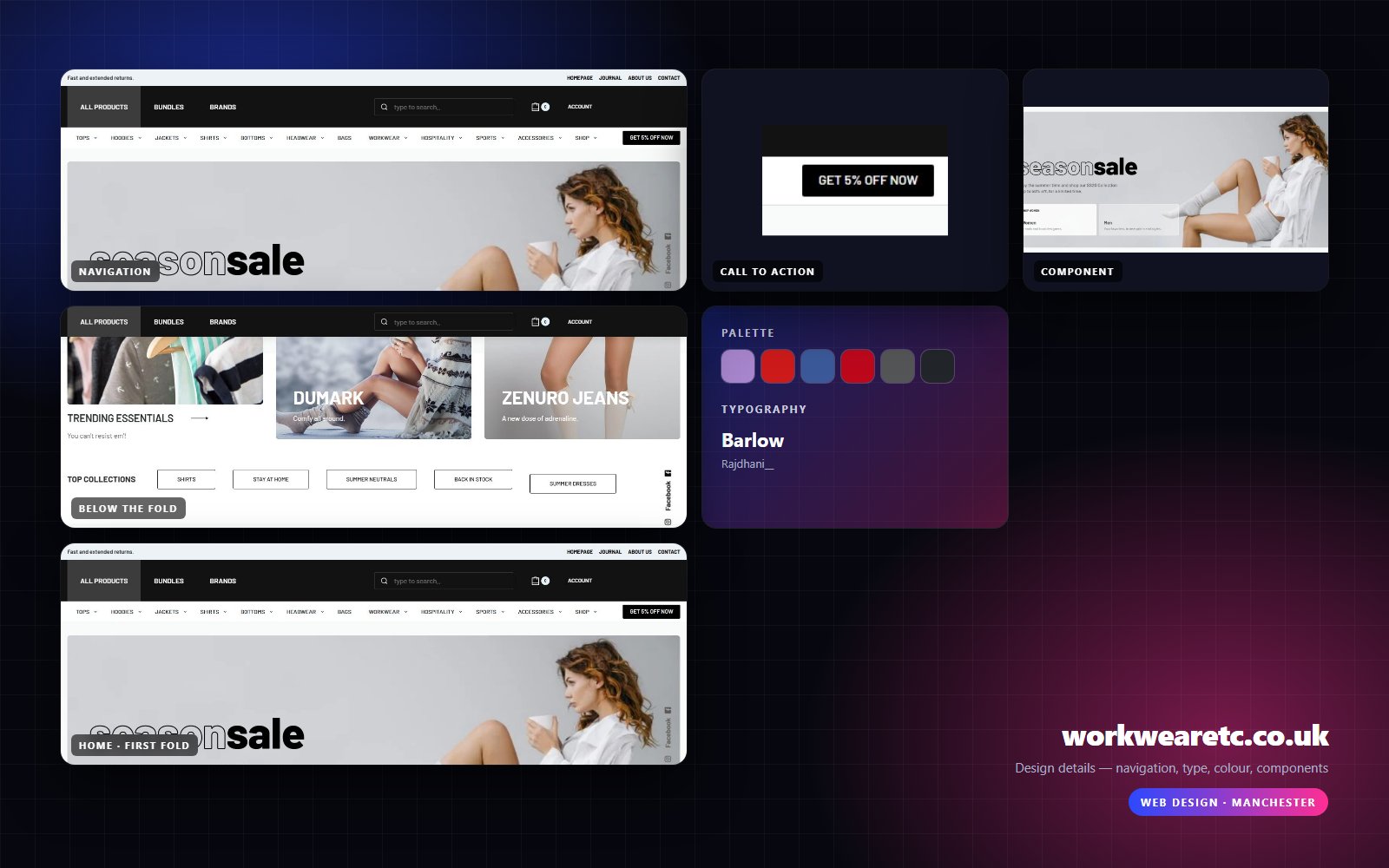 Design details from Workwear Etc: navigation, headline, buttons, colour and type