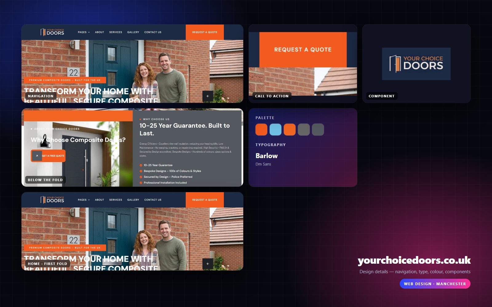 Design details from Your Choice Doors: navigation, headline, buttons, colour and type